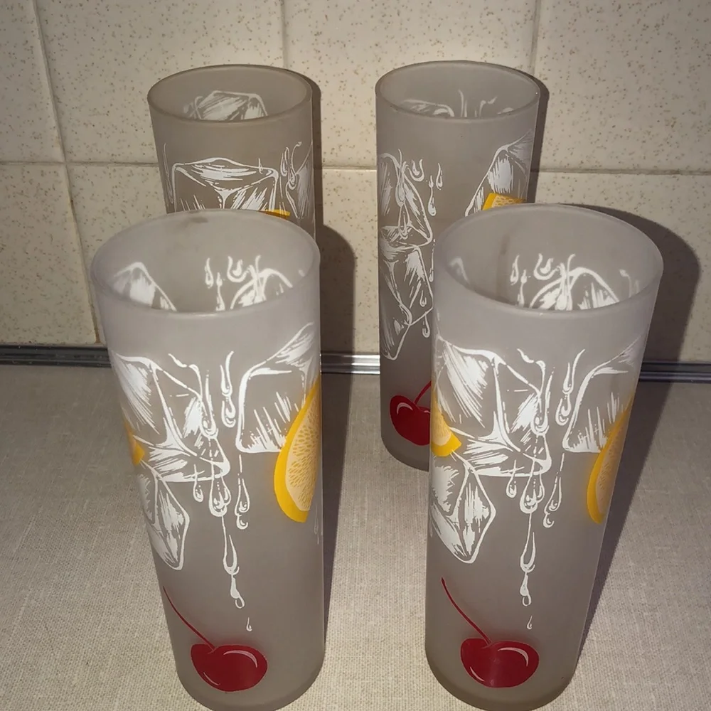 VINTAGE TOM COLLINS FROSTED SLIM TALL LEMON & CHERRY SET‎ OF 4 GLASSES